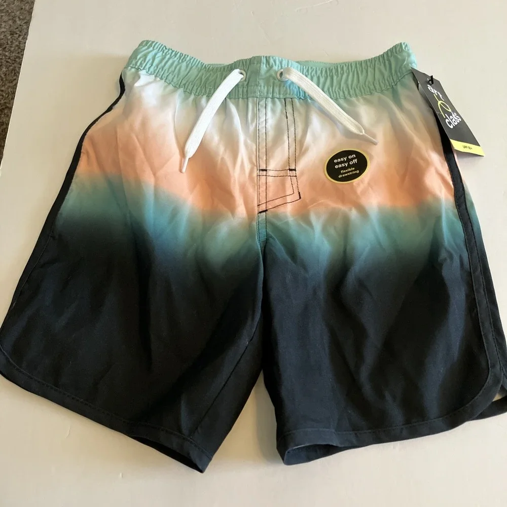 Art Class Swim Trunks Boys Small 6/7 Green Orange NEW Colorblock Ombre UPF 50+